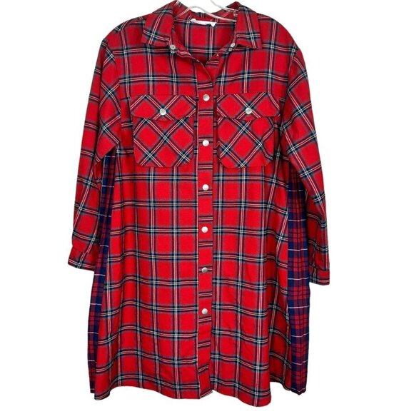 Zara Dresses & Skirts - Zara Plaid Flannel Red Blue Long Sleeve Button Up  Shirt  Dress Size 13 14